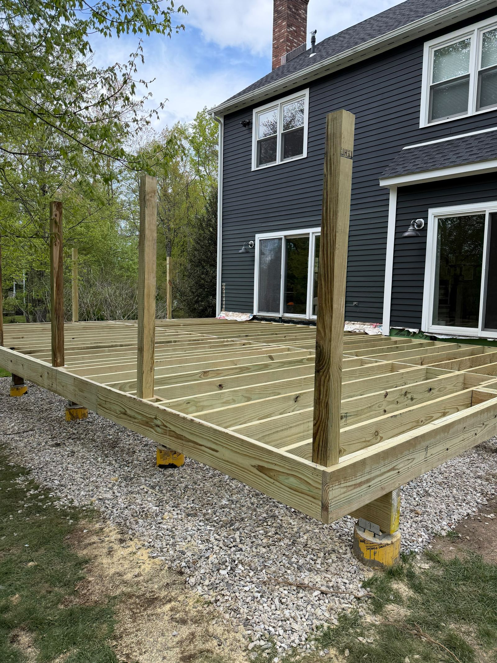 Deck framing under construction on a Danbury, CT home